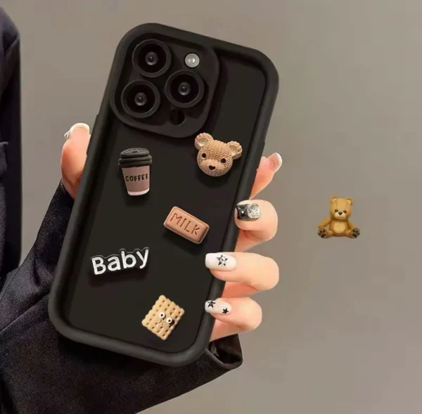 Cute 3D Bear Coffee Cartoon Silicone Case For iPhone 15 14 13 12 11 Pro Max 8 7 SE XS Luxury Design Case - Image 2
