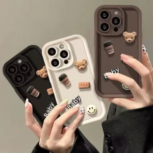 Cute 3D Bear Coffee Cartoon Silicone Case For iPhone 15 14 13 12 11 Pro Max 8 7 SE XS Luxury Design Case