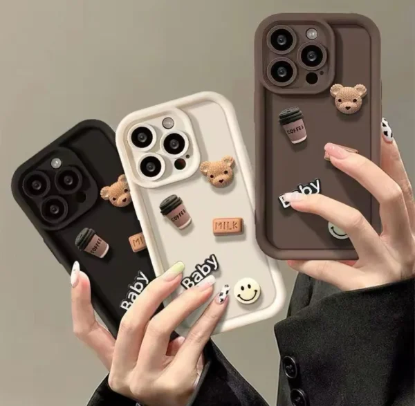 Cute 3D Bear Coffee Cartoon Silicone Case For iPhone 15 14 13 12 11 Pro Max 8 7 SE XS Luxury Design Case