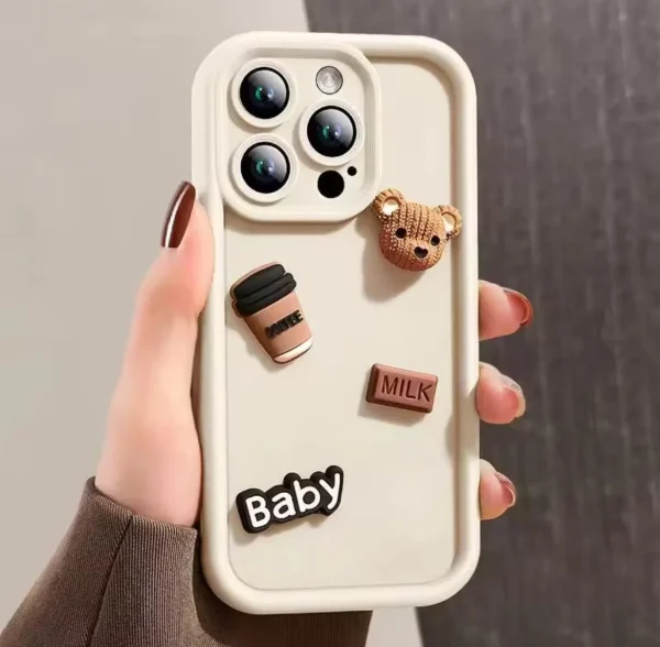 Cute 3D Bear Coffee Cartoon Case (White) - For iPhone 15 14 13 12 11 Pro Max X Xs SE2 7 8 Plus Back Cover For Girls Cute Design Silicone Phone Case - Image 3