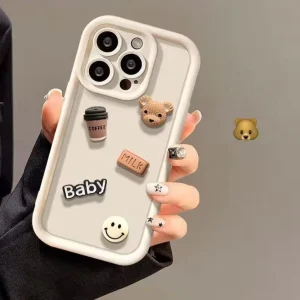 Cute 3D Bear Coffee Cartoon Case (White) - For iPhone 15 14 13 12 11 Pro Max X Xs SE2 7 8 Plus Back Cover For Girls Cute Design Silicone Phone Case
