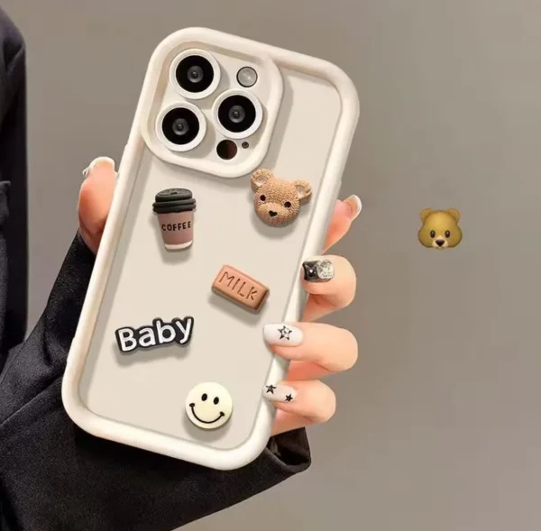 Cute 3D Bear Coffee Cartoon Case (White) - For iPhone 15 14 13 12 11 Pro Max X Xs SE2 7 8 Plus Back Cover For Girls Cute Design Silicone Phone Case