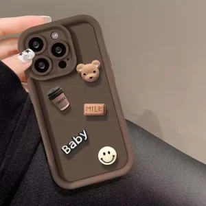 Cute 3D Bear Coffee Cartoon Case (Brown) - For iPhone 15 14 13 12 11 Pro Max X Xs SE2 7 8 Plus Back Cover For Girls Cute Design Silicone Phone Case