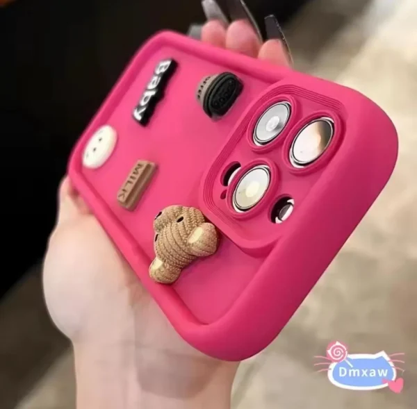 iPhone 11 Pro Back Cover- Cute 3D Bear Coffee Cartoon Case (Hot Pink) For Girls Cute Design Silicone Phone Case - Image 3