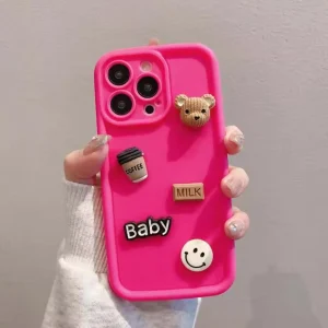 iPhone 11 Pro Back Cover- Cute 3D Bear Coffee Cartoon Case (Hot Pink) For Girls Cute Design Silicone Phone Case