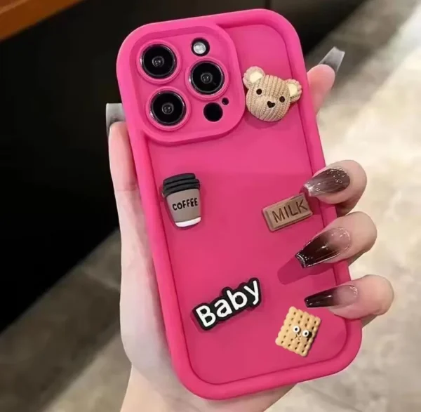 iPhone 11 Pro Back Cover- Cute 3D Bear Coffee Cartoon Case (Hot Pink) For Girls Cute Design Silicone Phone Case - Image 2
