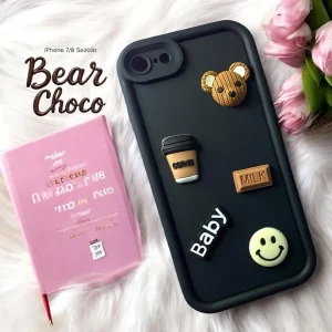 iPhone 7/ 8/ SE2/ SE3 Back Cover- Cute 3D Bear Coffee Cartoon Case For Girls Cute Design Black Silicone Phone Case