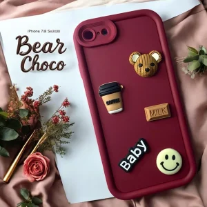 iPhone 7/ 8/ SE2/ SE3 Back Cover- Cute 3D Bear Coffee Cartoon Case For Girls Cute Design Maroon Silicone Phone Case