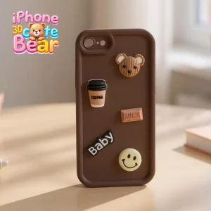 iPhone 7/ 8/ SE2/ SE3 Back Cover- Cute 3D Bear Coffee Cartoon Case For Girls Cute Design Brown Silicone Phone Case
