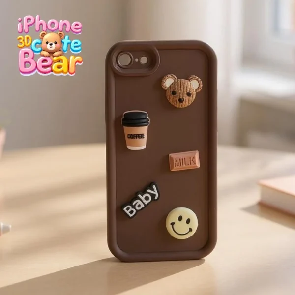 iPhone 7/ 8/ SE2/ SE3 Back Cover- Cute 3D Bear Coffee Cartoon Case For Girls Cute Design Brown Silicone Phone Case