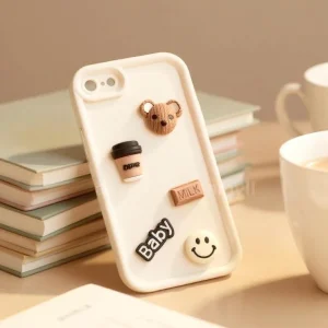 iPhone 7/ 8/ SE2/ SE3 Back Cover- Cute 3D Bear Coffee Cartoon Case For Girls Cute Design White Silicone Phone Case