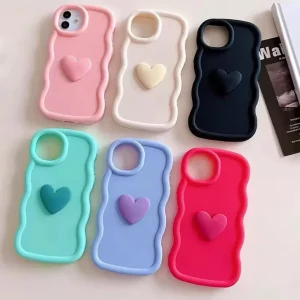 Stylist 3D Heart Soft Silicone Case For iPhone 16 15 14 13 12 11 Pro Max Mini X Xs 6 6s SE2 7 8 Plus Back Cover - Cute Wavy Edition For Girls