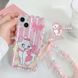 Marie Kitty Cartoon Cute Phone Case With Charm For iPhone 16 15 14 13 12 11 Pro Max X Xs 7 8 Plus Back Cover With Strap key chain For Girls