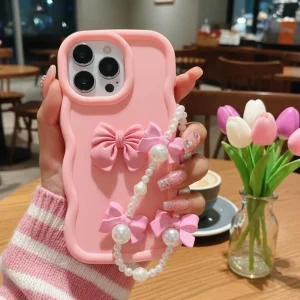 Wave Big Bow with Charm Silicone Case For iPhone 16 15 14 13 12 11 Pro Max Mini X Xs SE2 7 8 Plus Back Cover - Cute Wavy Edition For Girls