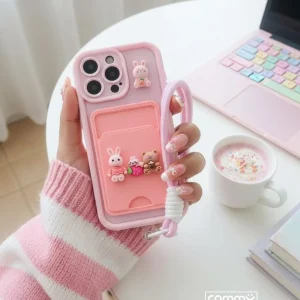 CH Rabbit Strawberry with Strap Silicone Case For iPhone 16 15 14 13 12 11 Pro Max Mini X Xs SE2 7 8 Plus Back Cover - Cute Edition For Girls