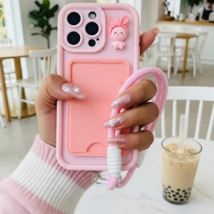 CH Rabbit with Strap Silicone Case For iPhone 16 15 14 13 12 11 Pro Max Mini X Xs SE2 7 8 Plus Back Cover - Cute Edition For Girls