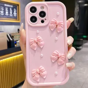 Solid Pearl Mini Bow Silicone Case For iPhone 16 15 14 13 12 11 Pro Max Mini X Xs SE2 7 8 Plus Back Cover - Cute Wavy Edition For Girls