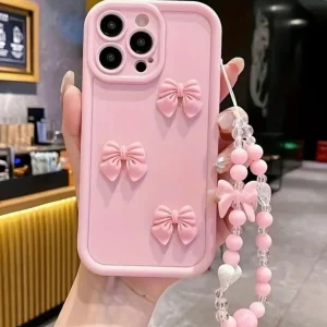 Solid Triple Mini Bow with Charm Silicone Case For iPhone 16 15 14 13 12 11 Pro Max Mini X Xs SE2 7 8 Plus Back Cover - Cute Wavy Edition For Girls
